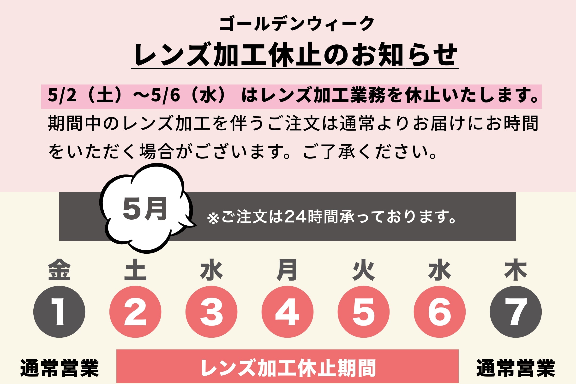ゴールデンウィークに伴うレンズ加工を要するご注文につきまして