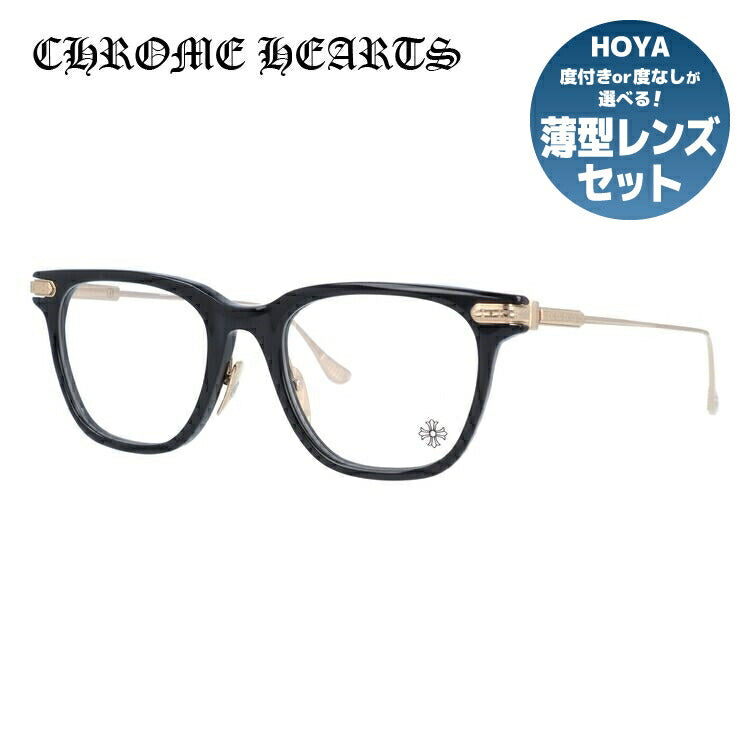 クロムハーツ メガネ 度付き 度なし 伊達メガネ 眼鏡 メガネフレーム CHROME HEARTS SLAG BK-GP Black-Gold Plated 51サイズ ウェリントン型 日本製 フローラル ユニセックス メンズ レディース 紫外線 UVカット ラッピング無料