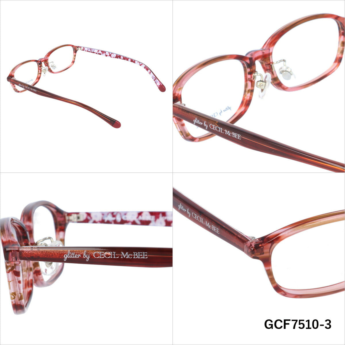 glitter by CECIL McBEE セシルマクビー レディース メガネ 眼鏡 シンプル かわいい GCF 7510 全3色 50サイズ 花柄 スクエア型 度付き 度なし UVカット 紫外線 ブランド サングラス 伊達 ダテ|老眼鏡・PCレンズ・カラーレンズ・遠近両用対応可能