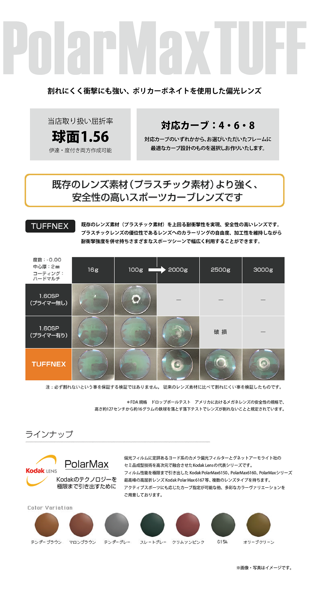 【度なし / 偏光 カラーレンズ】KODAK 球面 1.56 PolarMax TUFF PL 4~8カーブ対応 ハイカーブ対応 Polarized ポラライズド 釣り アウトドア ドライブ 伊達 UVカット サングラス 眼鏡 メガネ レンズ交換費無料 他店フレーム交換対応|左右 2枚1組 ラッピング無料