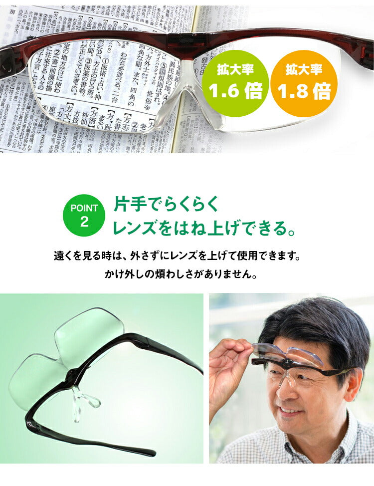 メガネタイプ拡大鏡 ルーペ眼鏡 跳ね上げタイプ メガネの上からも掛けられる 選べる拡大率 1.6倍 1.8倍 虫眼鏡 ブルーライトカット UVカット ハンドメイド 裁縫 読書 新聞 プラモデル スマホ スマートフォン おしゃれ 男女兼用 プレゼント RESA レサ FSL-01