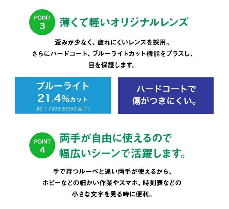 メガネタイプ拡大鏡 ルーペ眼鏡 跳ね上げタイプ メガネの上からも掛けられる 選べる拡大率 1.6倍 1.8倍 虫眼鏡 ブルーライトカット UVカット ハンドメイド 裁縫 読書 新聞 プラモデル スマホ スマートフォン おしゃれ 男女兼用 プレゼント RESA レサ FSL-01