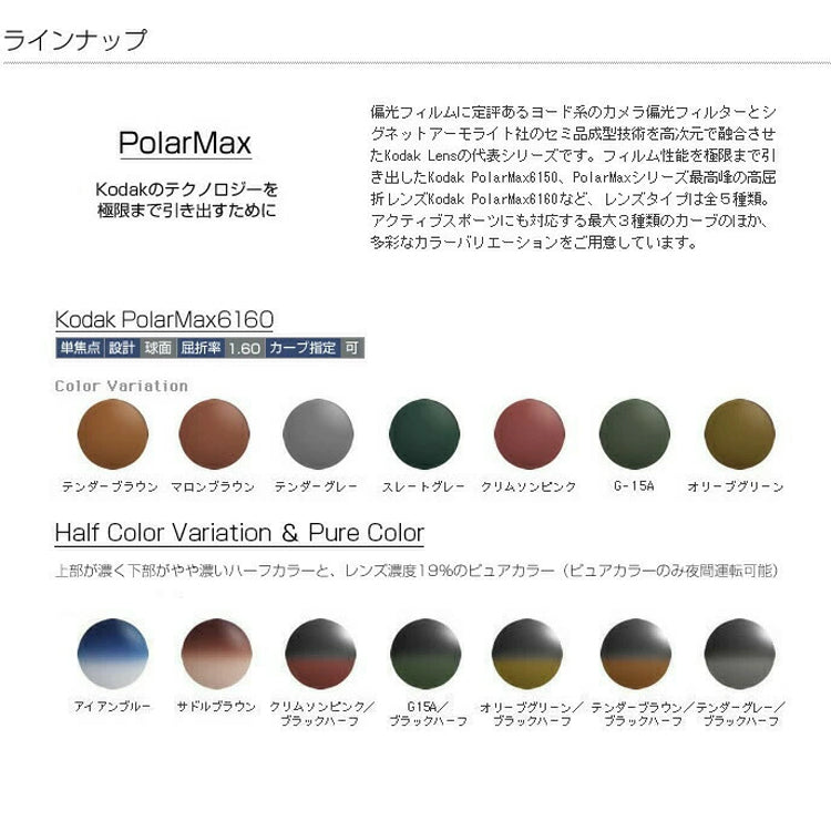 【度付き / 偏光 カラーレンズ】KODAK 球面 1.60 PM6160 ハイカーブ対応 薄型レンズ Polarized ポラライズド 釣り アウトドア ドライブ 度あり UVカット サングラス 眼鏡 メガネ レンズ交換費無料 他店フレーム交換対応｜左右 2枚1組 ラッピング無料