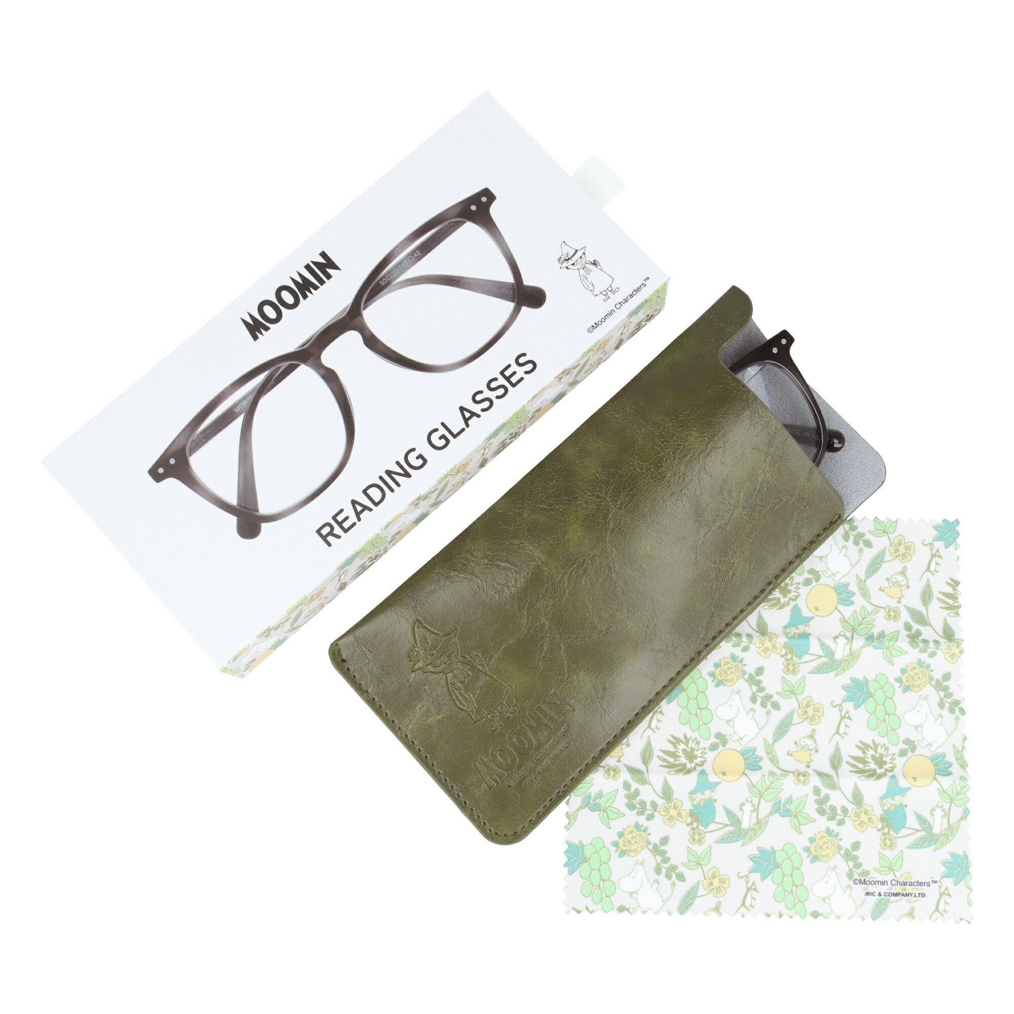 ムーミン 老眼鏡 アジアンフィット MOOMIN MOR 303 スナフキン 50サイズ 度数：+1.50〜+3.00 スクエア型 バネ蝶番 丁番 オリジナルポーチ付き リーディンググラス シニア グラス ユニセックス メンズ レディース