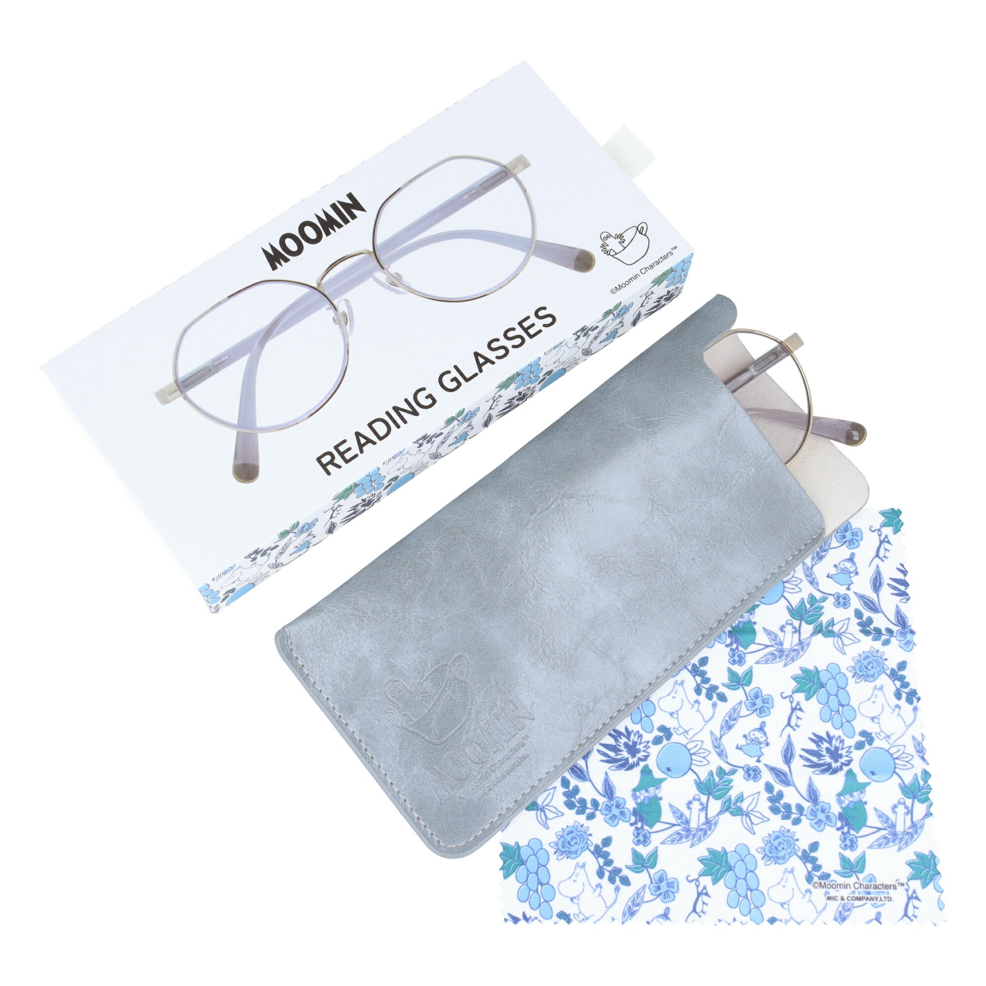 ムーミン 老眼鏡 アジアンフィット MOOMIN MOR 304 ニョロニョロ 51サイズ 度数：+1.50〜+3.00 クラウンパント型 バネ蝶番 丁番 オリジナルポーチ付き リーディンググラス シニア グラス ユニセックス メンズ レディース